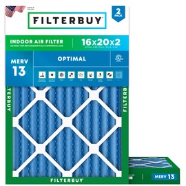 Filterbuy 16x20x2 Air Filter MERV 13 Optimal Defense (2-Pack), Pleated HVAC AC Furnace Air Filters Replacement (Actual Size: 15.50 x 19.50 x 1.75 Inches)