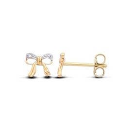 Old English Jewellers 9ct Yellow Gold on Sterling Silver 925 Natural Diamond Ribbon Bow Ladies Girls Stud Earrings -Womens Silver Stud Earrings- Real Diamond