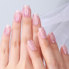 SPLOCUDU 20pcs Pink Semi Cured Gel Nail Strips,Pink Glitter Gel Nail Stickers for UV Nail Lamps,Salon-Quality, Long Lasting, Easy to Apply & Remove,Includes 2 Prep Pads, Nail File&Wood Stick