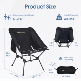 MOON LENCE Portable Camping Chair, Backpacking Chair, Ultralight & Compact, 330 lbs Capacity, for Outdoor Camp, Travel, Beach, Picnic, Hiking (Black)