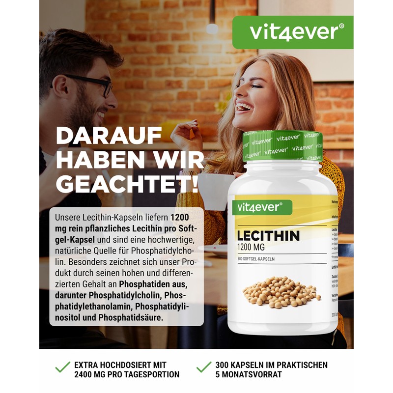 Lecithin 1200 mg – 300 Softgels – Premium: With Phosphatides