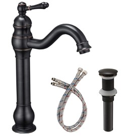 BATHLAVISH Vessel Sink Faucet Oil Rubbed Bronze Single Handle 1 Hole Bathroom Faucet 360° Swivel Deck Mount Lavatory Commercial Matching Pop Up Drain Without Overflow