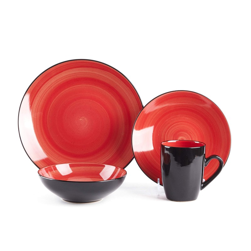 HomeVss Sonoma 16 Piece Stoneware Dinner Set Red, Outside Black