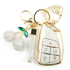 Rayslesan Sparkly Key Fob Cover with Cherry Keychain, Bling TPU Smart Key Case for Women, Compatible with Chevy Silverado GMC Sierra GMC Sierra 2500HD 3500HD (5-Button, Gold White)