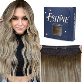 Fshine Hair Extension with Wire, 40 cm, Balayage, Dark Brown, Mix, Ash Brown and Light Blonde, Invisible Wire, Real Human Hair, Straight Remy Hair Extension, 80 g