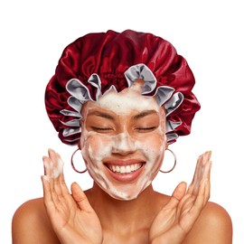 Gorro de seda para dormir, capó de seda reversible para mujer, capó de satén para dormir, capó largo para trenzas, Borgoña-plata, X-Small-4X-Large