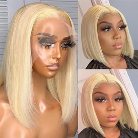 Blonde Human Hair Bob Wig for Black Women, Wear and Go Glueless Bob Wig 13x4 HD Transparent Lace Front Wigs Remy Human Hair Pre Plucked Lace Frontal Wig 180% Density Bob Wigs Bleached Knots 10in