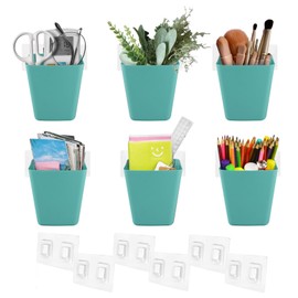 LIGHT DUST Wall Caddy Pen Holders, 6 Pack Green Large Pencil Cups Organizer for Marker/Remote/Crayon/White Board Accessories, with Adhesive Stickers, Office Home Craft Class Kids Room Art Organization