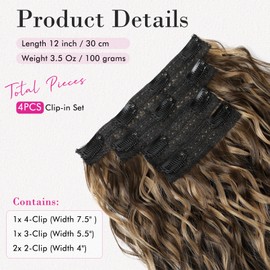 REECHO Clip in Hair Extensions - 4PCS 12" Short Curly Wavy Brown with Highlights