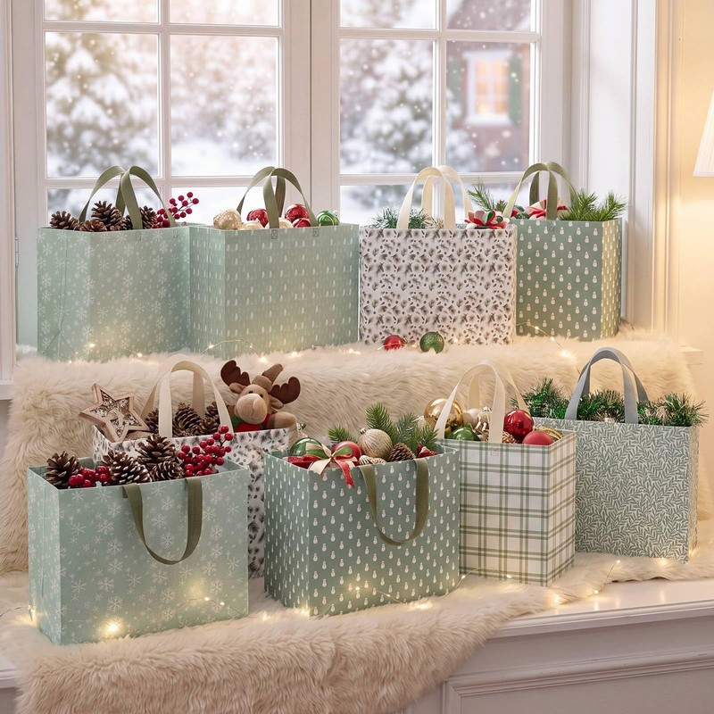12 Pcs Sage Green Extra Large Christmas Gift Bags Bulk