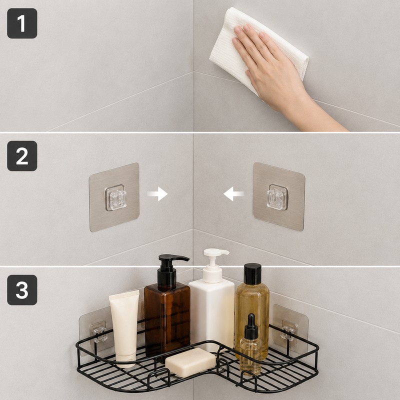 Corner Bathroom Shelf for Shower Storage - No-Drill Adhesive Iron