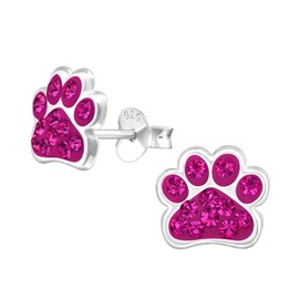 Monkimau Girls' Paw Stud Earrings Made of 925 Sterling Silver with 24 Crystals, Sterling Silver, Crystal