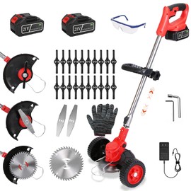 3 in 1 Electric Cordless Grass Wacker Battery Powered Grass Trimmer with Wheels Adjustable Head Extendable Length Rechargeable Lightweight Lawn Trimmer with 2Pcs 2500mAh Batteries