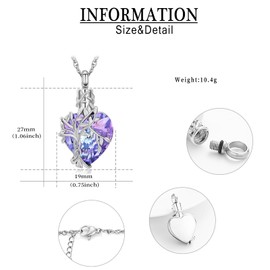 QGJNSGC Heart Tree of Life Urn Necklace for Ashes Cremation Jewellery with Crystal w/ Funnel Filler Memorial Jewellery Gifts for Women Girls, Stainless Steel