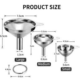 MOPUBZO Set of 3 Funnels Stainless Steel Set, Stackable Small Kitchen Funnels 4.5 cm / 5.5 cm / 7.5 cm with Handle and 2 Long Cleaning Brushes, Mini Funnel for Jam, Cooking Oils, Liquids