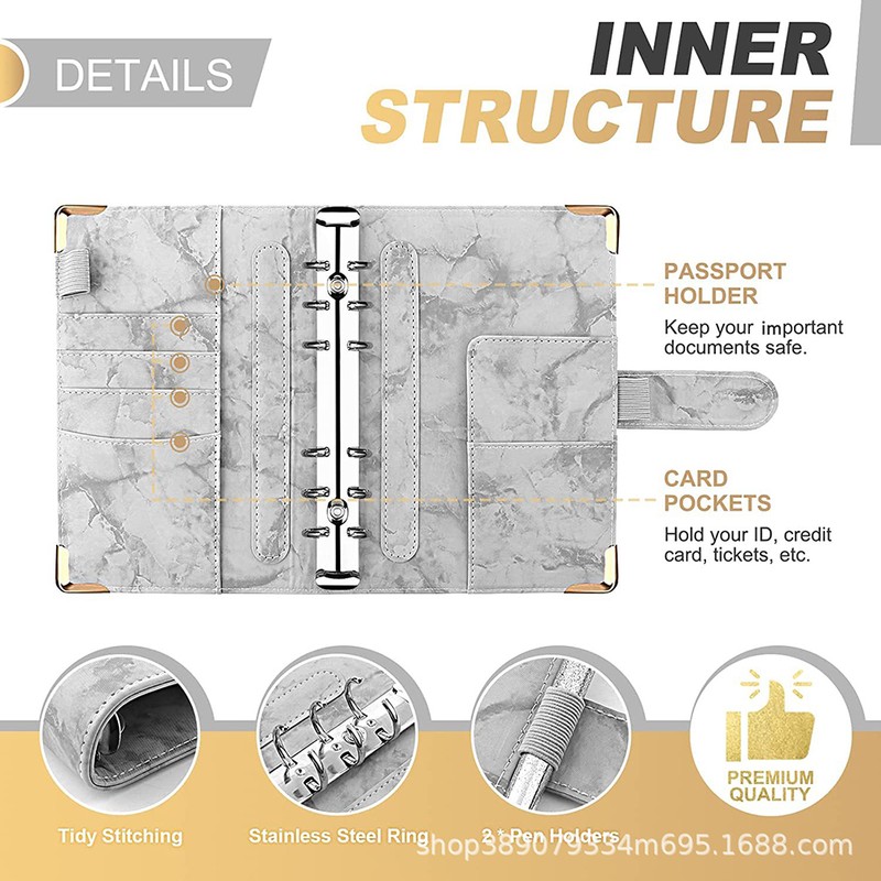 A6 Binder Budget Book Portable Marble Grain Notebook PU Leather