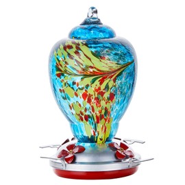 WOSIBO Hummingbird Feeder for Outdoors Patio Large 32 Ounces Colorful Hand Blown Glass Hummingbird Feeder with Ant Moat Hanging Hook, Rope, Brush and Service Card (Blue)