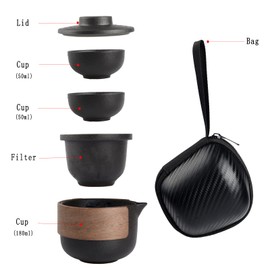 Tandarui Chinese Ceramic Tea Set with 1 Teapot and 2 Cups for Adults, Japanese Handmade Portable Travel Gongfu,Suitable for Travel, Home,Outdoor and Office (Black)