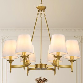 Xeruyiwa Gold Modern Farmhouse Chandelier, 27.2" 6-Light Round Pendant Light with White Fabric Shades, Adjustable Hanging Fixture for Dining Room Over Table Kitchen Island Living Room