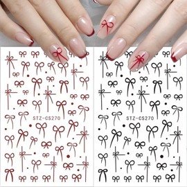 Bow Nail Stickers for Nail Art 6PCS Bow Nail Decals 3D Self-Adhesive Black White Red Bow Nail Stickers Shiny Clear Diamond Nail Design Supplies Bow Stickers Cute Nail Stickers for Women Nail Decor