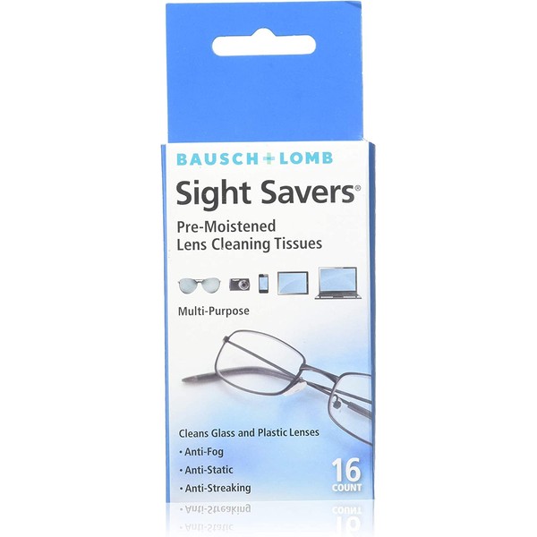 Sight Savers Lens Cleaning Wipes by Bausch & Lomb, Pre-Moistened Tissues, Anti-Fog, Anti-Static, Anti-Streaking, Cleans Glass and Plastic, 16 Count (Pack of 12)