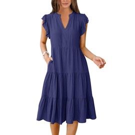 ANRABESS Womens Summer Ruffle Sleeve V Neck Midi Dress 2024 Fashion Casual Fit Flowy Tiered Boho Beach Vacation Sundress Navy Blue-M