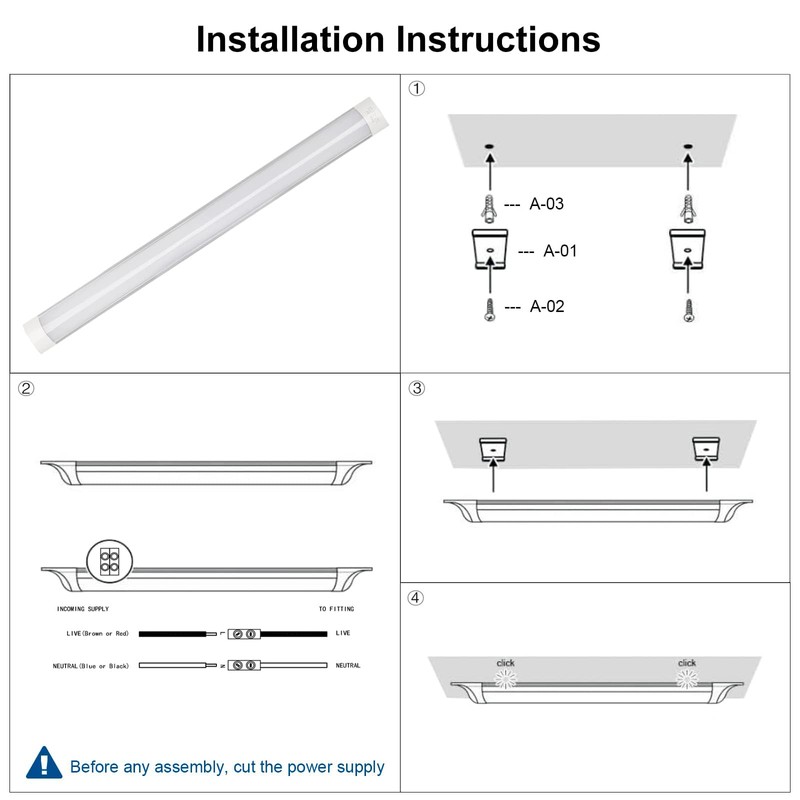 Colmeguna 2 Pack 3FT LED Batten Light, Ultra-Thin Ceiling Surface