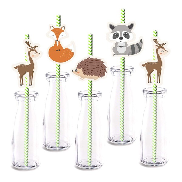 Woodland Animals Party Straw Decor, 24-Pack Forest Animal Friends Baby Shower Birthday Party Decorations, Paper Decorative Straws