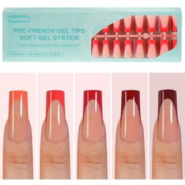 150Pcs French Gel Nail Tips, Vansiho Long Square Nail Tips, Red Pre-French Tips Press on Nails, Soak Off Soft Gel Acrylic Fake Nails for Nail Art DIY 15 Sizes