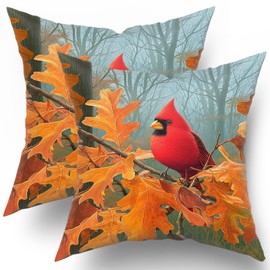 Fall Cardinal Throw Pillow Covers 18x18 Inch Set of 2 Red Bird Maple Leaves Decorative Pillowcase Autumn Foreset Landscape Seasonal Cushion Cover for Home Bedroom Sofa Chair Decor