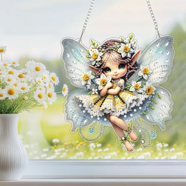 DAERLE Diamond Art Hanging Ornaments with Chain, Cute Fairy, Diamond Painting Pendant Ornament Kits Smiling Fairy, Special Shaped Hanging Crystal Gem Art Kits for Door Window Home Decor