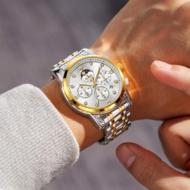 OLEVS Silver Watch for Men Luxury Dress Moon Phase Analog Casual Watch Male Classic Business Stainsteel Steel Waterproof Luminous Calendar Wrist Watch