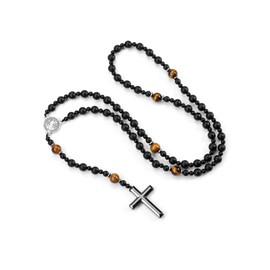 PiercingJak Rosary Cross Chain Black Agate Beads Prayer Chain with Saint Benedict Medal Pendant Men's Necklace Catholic Christian Religious Jewellery for Communion Christening Fair, Gemstone
