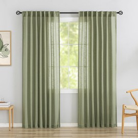DONREN Sage Green Linen Back Tab Curtains - 90 Inch Long, 2 Panel Set for Dining Cottage - Soft Light Weight Airy Semi Privacy Sheer Curtains With Hooks and Rod Pocket - Light Filtering Neutral Style