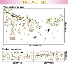 DRWSSR Removable Chinese Style Red Flowers Green Leaves Branch Birdcage Wall Decal DIY Vinyl Flying Swallow Wall Stickers Living Room Study Wall Decoration TV Background Sofa Bedroom Home Decoration
