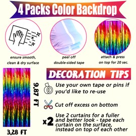 4 Pack Rainbow Fringe Curtain Backdrop, 3.2Ft x 9.8Ft Colorful Metallic Tinsel Foil Fringe Streamers for Photo Booth Birthday Wedding Baby Shower Carnival Easter Mother’s Day Party Decorations
