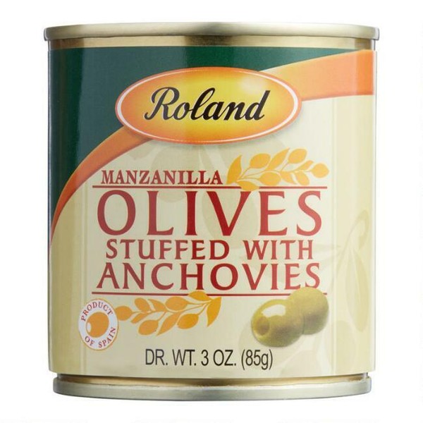 Roland Anchovy  Stuffed Manzanilla Olives- 3 oz Cans, Case of 12