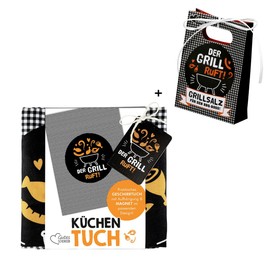 CULT at home 3 Piece Gift Set BBQ Gifts - Tea Towel Saying 50 x 65 cm, Fridge Magnet and Grill Salt Spice Mix - Gifts for Men Father's Day Gift