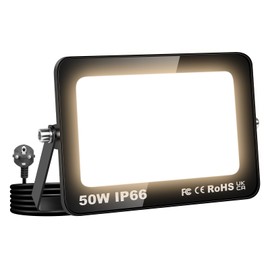 RIGIDON 50 W LED Outdoor Spotlight with Plug, 5000 LM LED Outdoor Spotlight 3000 K Warm White Floodlight IP66 Waterproof Outdoor Light for Garage, Garden, Sports Field, Patio, Yard