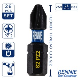 26 x Rennie Tools 25mm Long PZ2 Impact Screwdriver Driver Bits Set with Bit Holder. Heavy Duty PoziDriv POZI No.2 Magnetic Screwdriver Bit Set. PZ2 Impact Driver Bits Pozidrive Screw Accessories