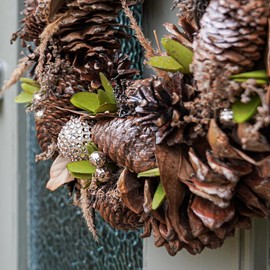 Festive Lights 36cm/ 14.2" Artificial Indoor Leaf & Pinecone Christmas Wreath Decoration - Gold