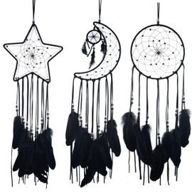 3PCS/LOT Star Moon Sun Shape Dream Catcher Home Decoration, and Baby Kids Room Accessory - Dream Catcher with Feather Decoration - Unique Home Craft Wall Pendant (Black)