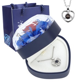 Preserved Rose Box, Eternal Flowers with Heart I Love You Necklace Forever Preserved Roses Gift for Mom Girlfriend Women Wife on Christmas Valentines Mothers Day Birthday Anniversary