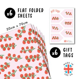Tomato Wrapping Paper - 6 Sheets Of Gift Wrap With Tags - Red Tomatoes Pattern - Girls Wrapping Paper Birthday - Comes With Stickers - Recyclable - By Central 23