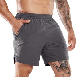 MIER - Pantalones cortos de correr para hombre, 7 pulgadas, secado rápido, para gimnasio, atletismo, con bolsillos con cierre, Gris oscuro, Large