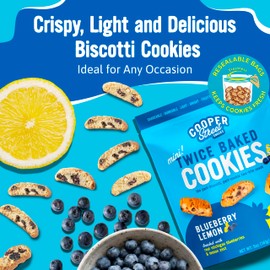 Cooper Street Twice Baked Lemon Blueberry Biscotti Cookies - Light and Crispy Coffee Cookie Bites - Traditional Low Calorie Italian Snacks for Adults & Kids - Kosher, Dairy, Peanut & Soy Free - 5oz