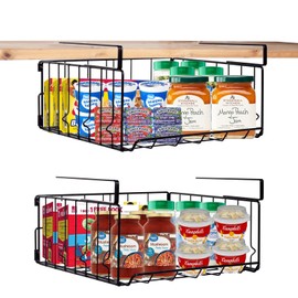 Resulzon Under Shelf Basket Storage 2Pack, Steel Under Shelf Hanging Wire Baskets Shelves for Laundry Room Kitchen Desk Pantry Bookshelf (Black)