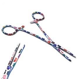 Dog Cat Pet Ear/Nose Hair Puller Grooming Hemostat Locking Forceps Straight Pliers, 5.5" (14cm) - Full Serrated Clamps - Made of Stainless Steel - White Paws Full Patterened Forceps for Pet Lovers