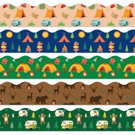 FYSUIMU 69Ft Camping Hiking Bulletin Board Border Back to Shcool Brown Green Tree Bear Tent Campfire Scalloped Borders Outdoor Themed Classroom Chalkboard Self-Adhesive Trim for Elementary Preschool