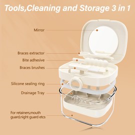 Retainer Case,Denture Case Retainer Cleaning Case, No-Leak Denture Bath Box Cup, Complete Clean Care for Dentures, Mouth Guard, Night Guard & Retainers with Mirror,Hook,Bite adhesive and Brush(White)